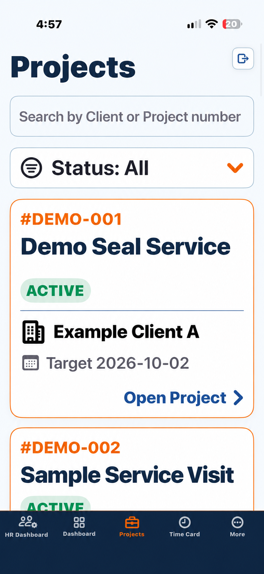 TradeLog Site Projects list on a phone with search, a status filter and one Project card per row.