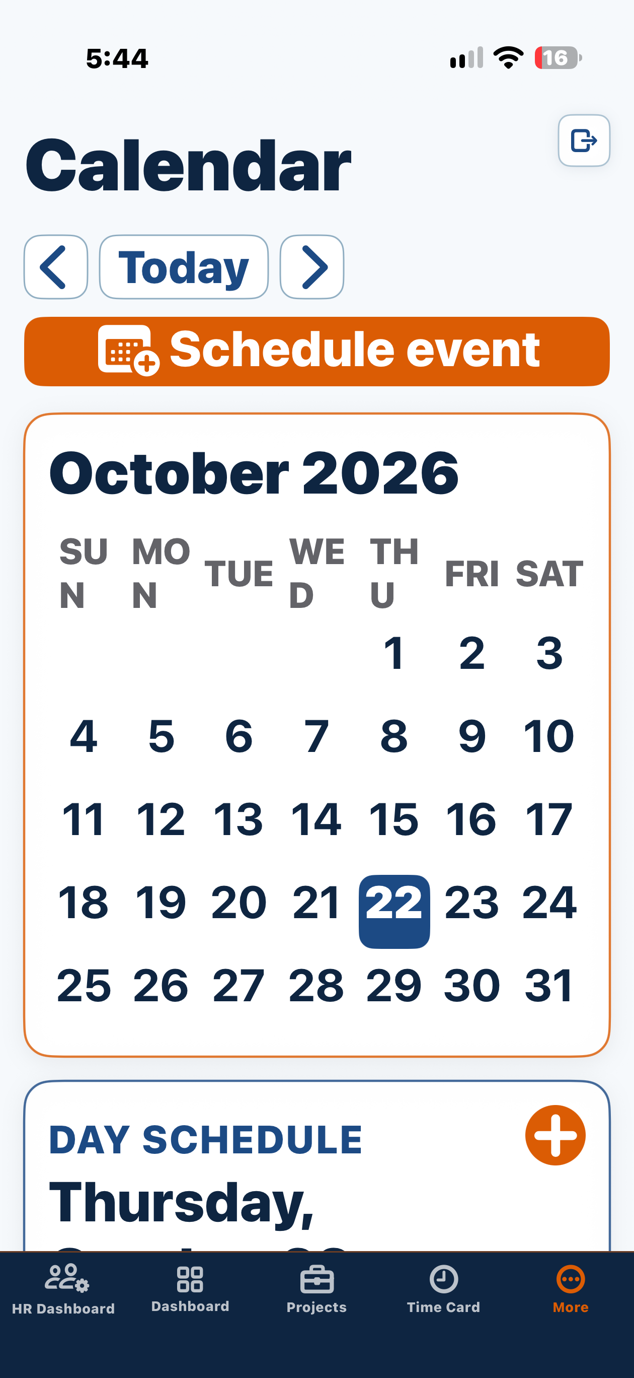 Phone Calendar with a Schedule event button, a compact October 2026 month and the day schedule below.