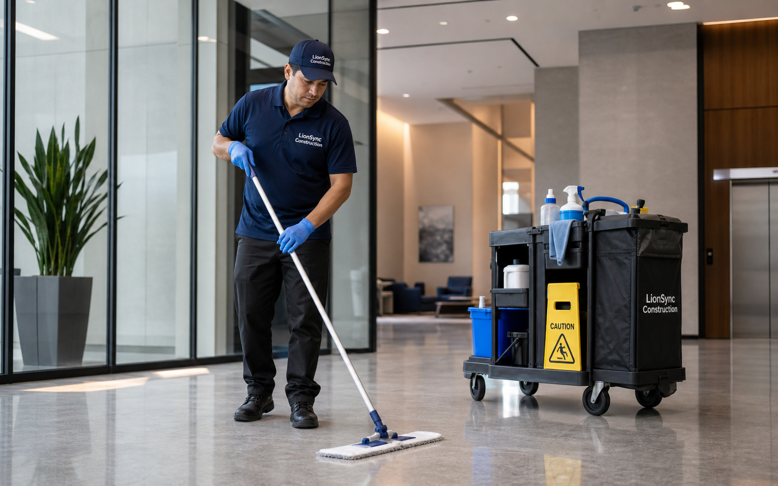 Commercial cleaning technician mopping a modern office lobby floor next to a stocked janitorial cart.