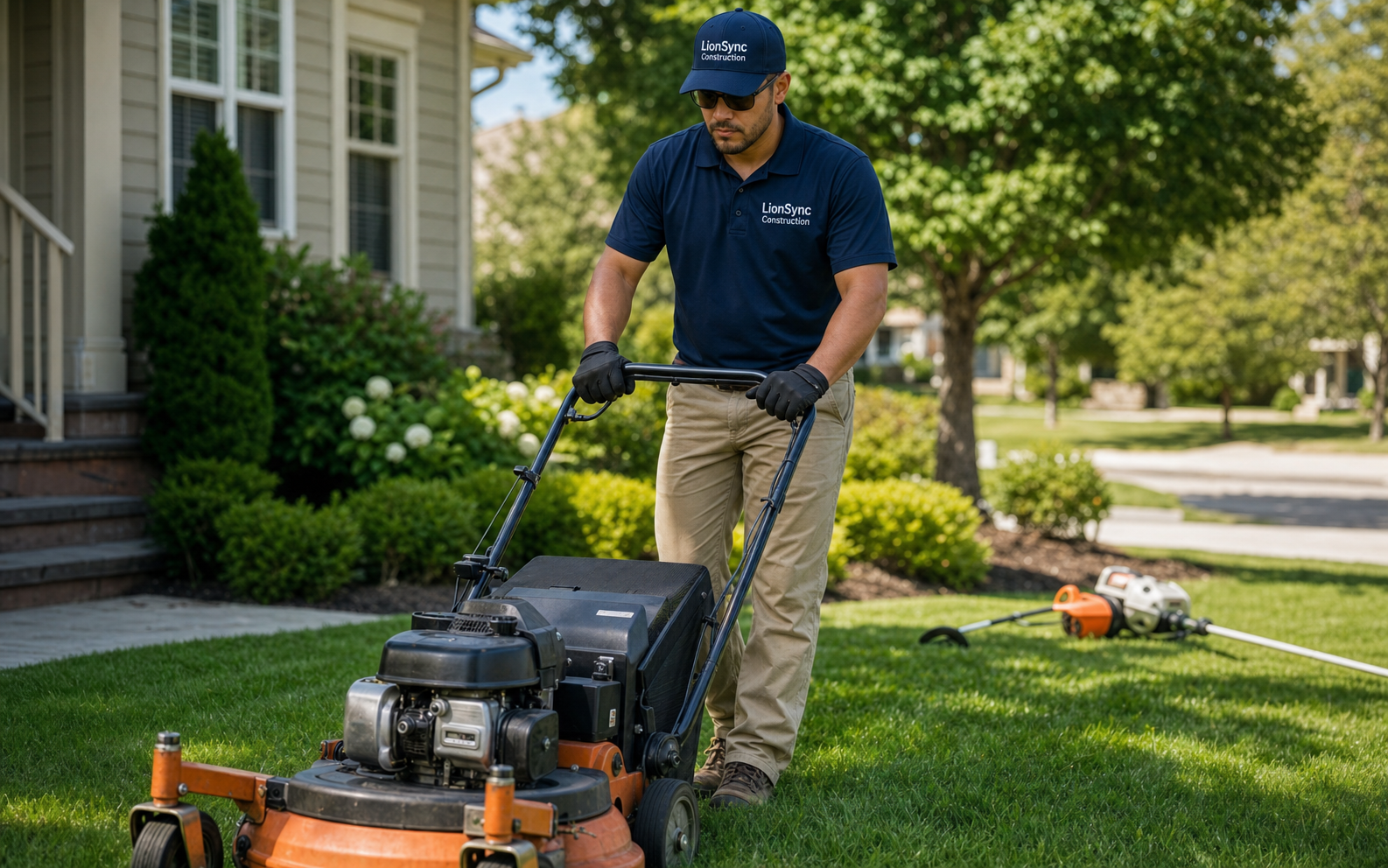 Lawn care technician mowing a residential front yard with a commercial mower, wearing a branded work polo and cap.