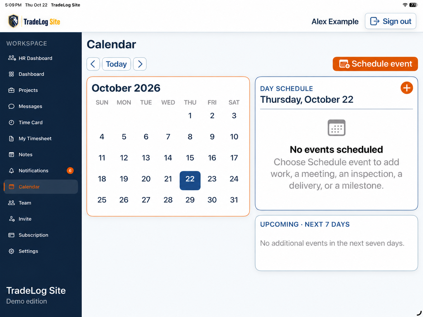 Tablet Calendar with the October 2026 month grid beside the day schedule and the next seven days.