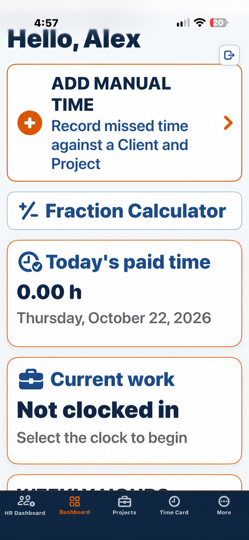 TradeLog Site Standard Dashboard on a phone with the clock card and hours stacked as cards.