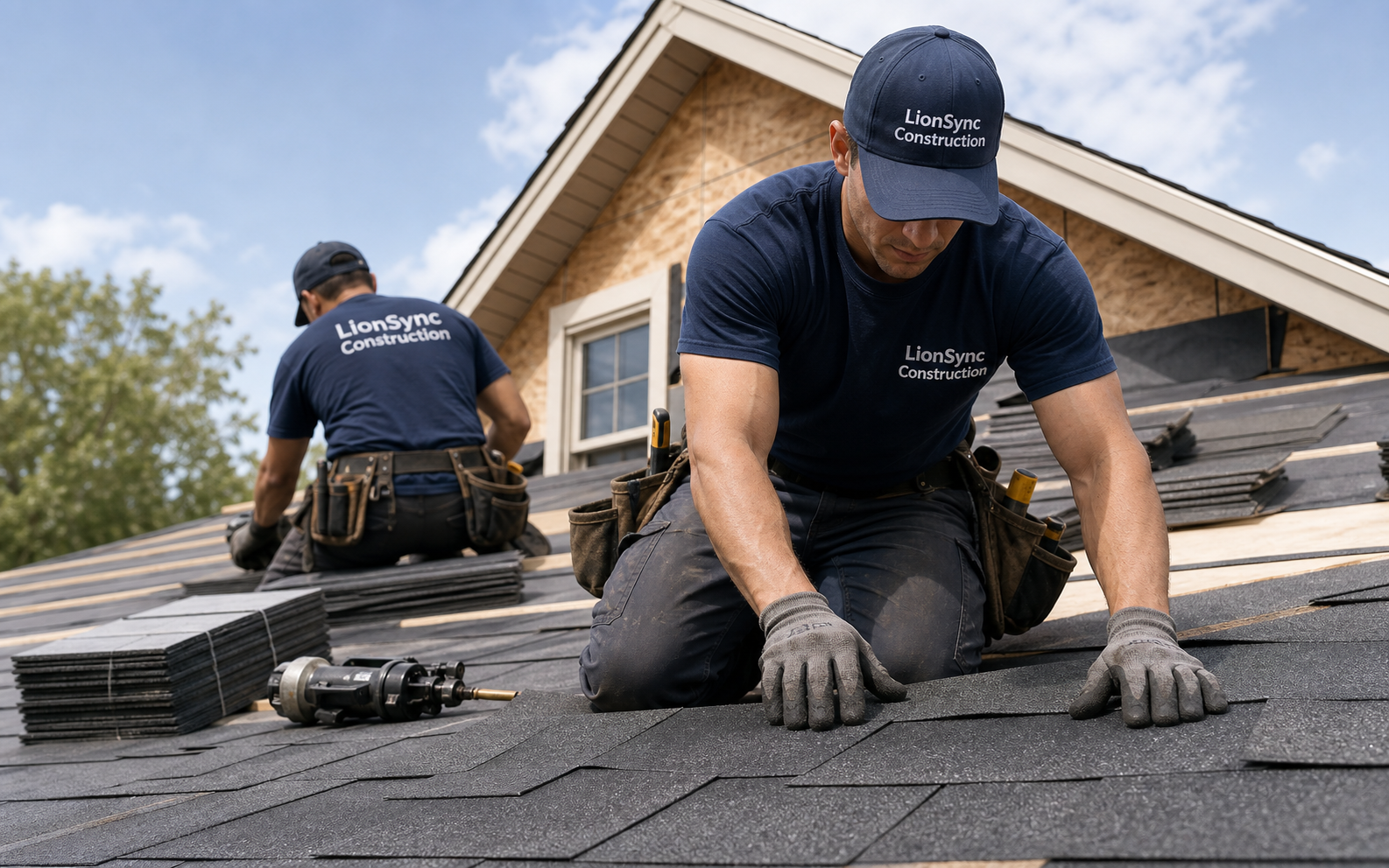 Two roofers installing asphalt shingles on a residential home roof on a clear day.