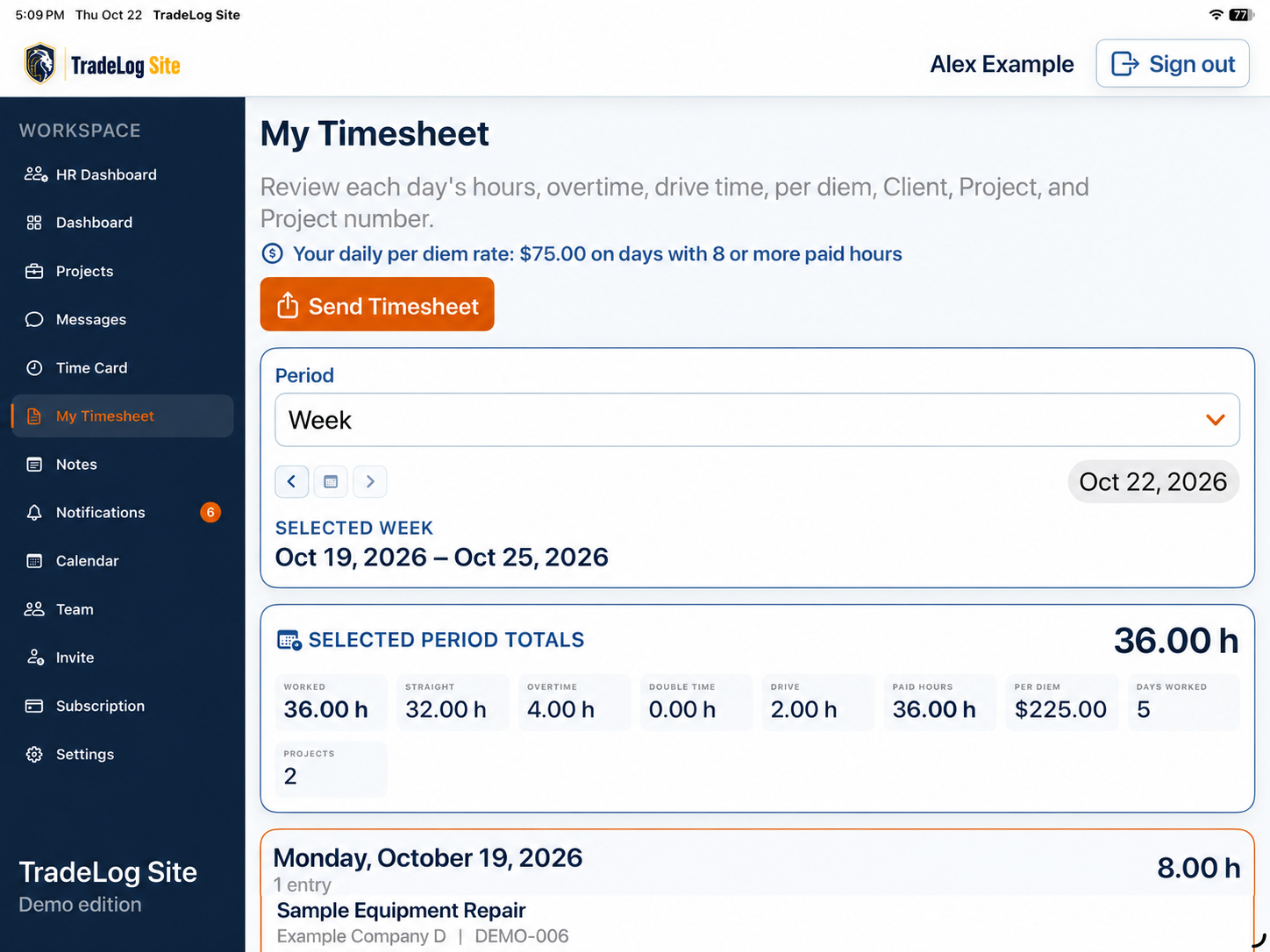 TradeLog Site My Timesheet on a tablet with the week period, selected period totals and a daily entry.