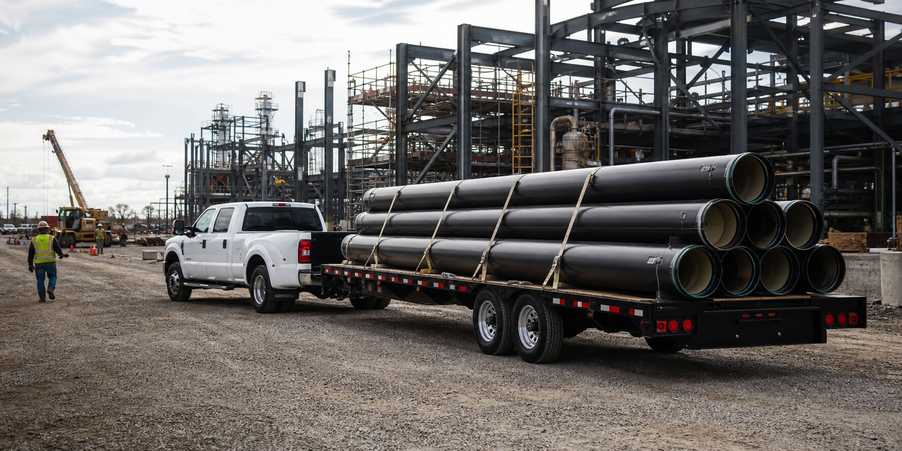 Truck and trailer delivering pipe to an industrial jobsite for a scheduled crew event.