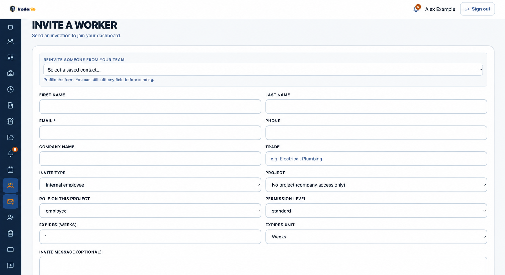 TradeLog Site Invite a worker form set to Internal employee with No project (company access only), plus name, email, role, permission level and expiry fields.