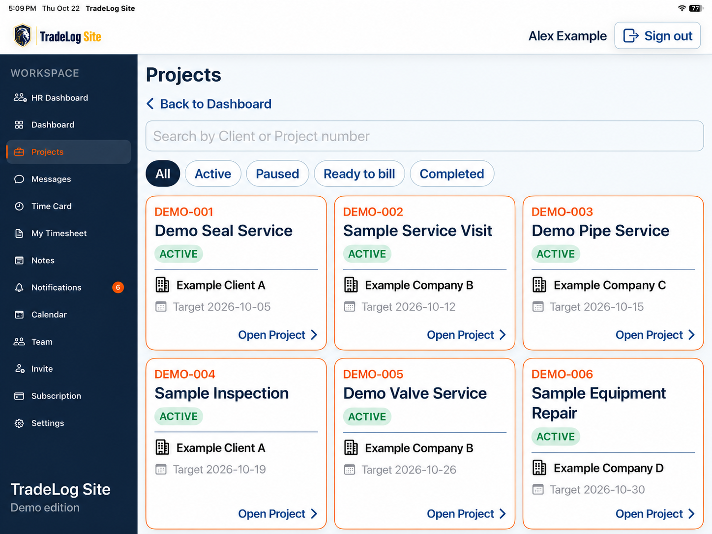 TradeLog Site Projects list on a tablet with search, status filters and Project cards in a grid.