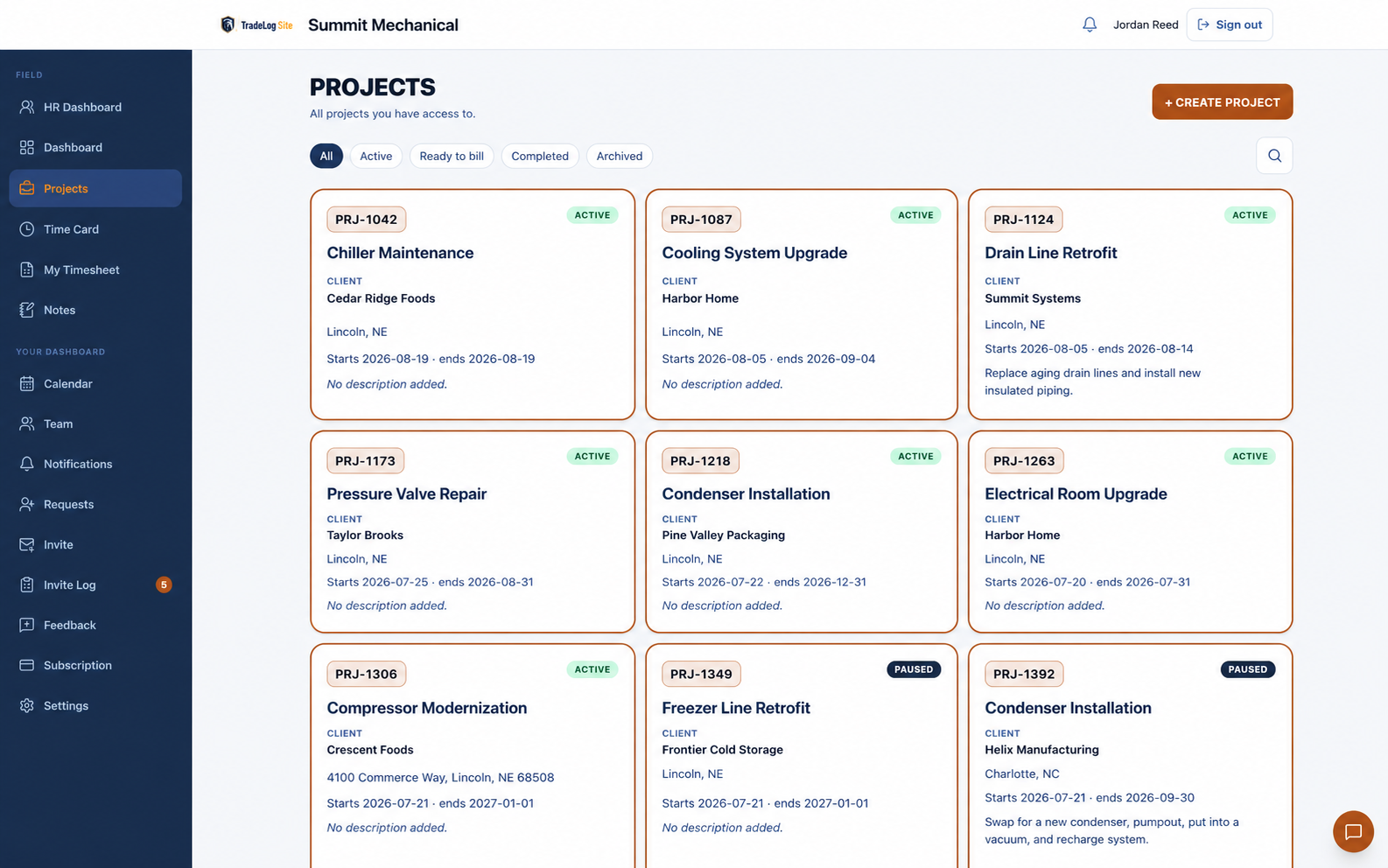 TradeLog Site Projects page showing searchable Project cards with status, client and schedule details.