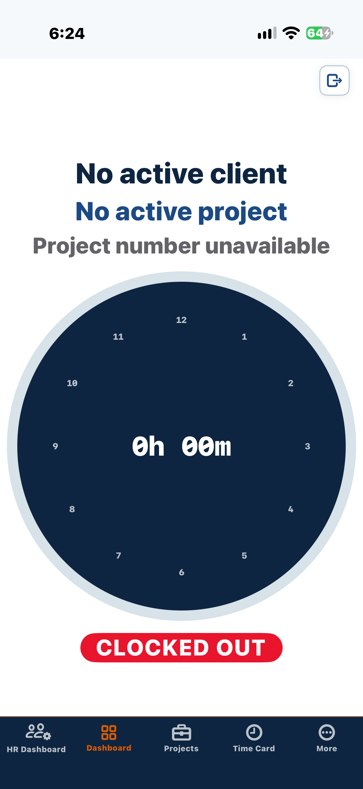 Phone time clock showing no active Client or Project and a Clocked out status.