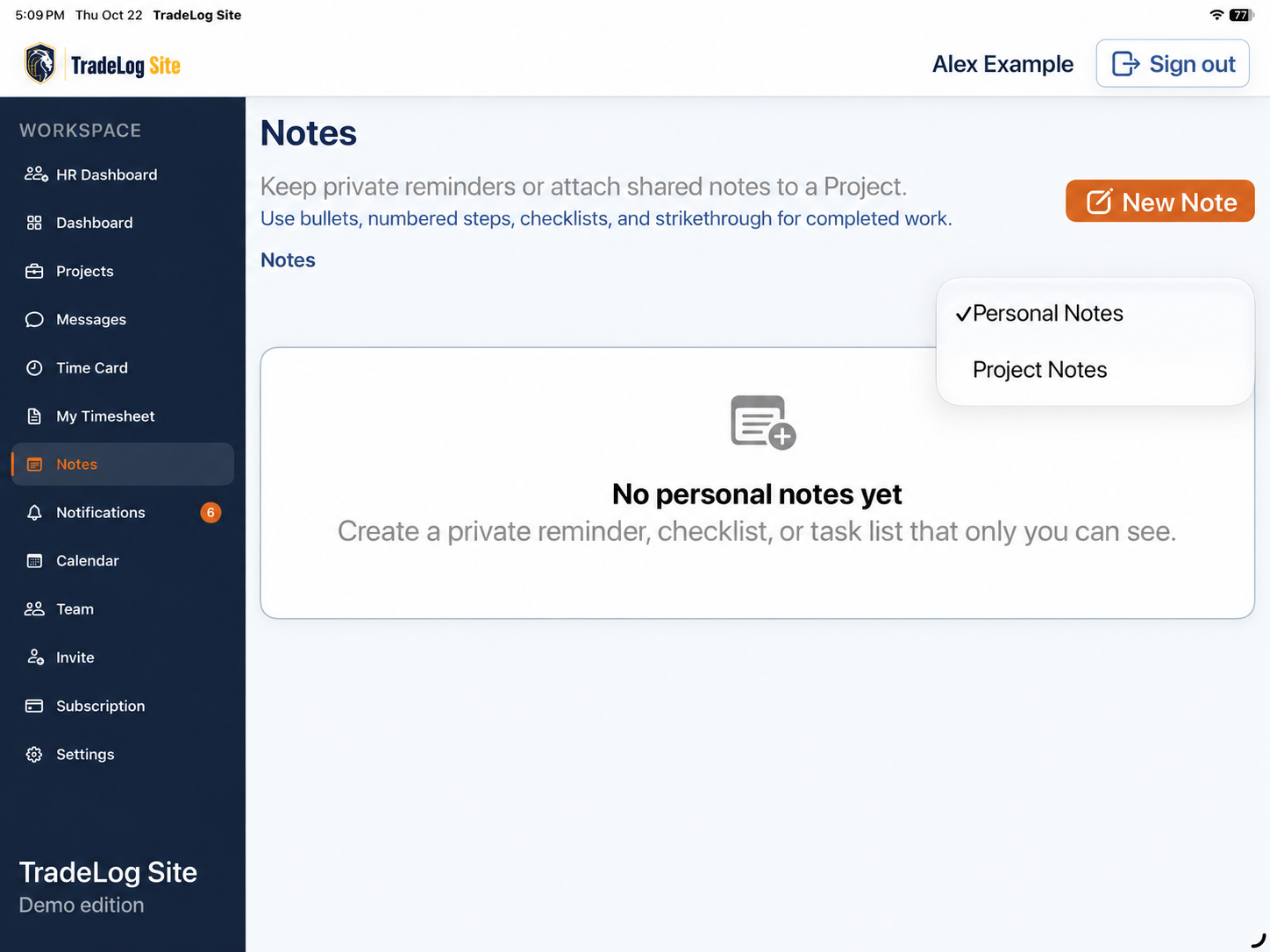 TradeLog Site Notes on a tablet with an empty Personal Notes list and the New Note button.