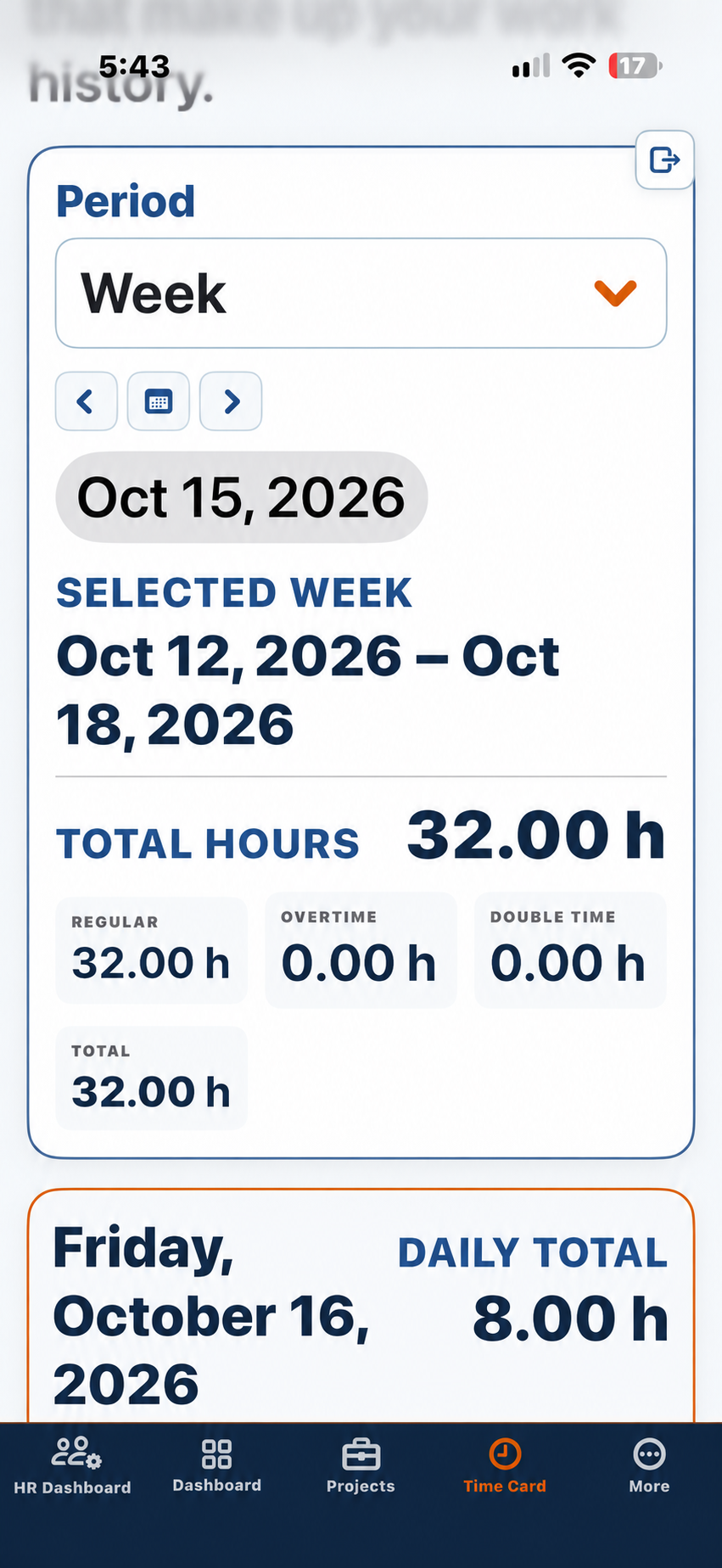 Phone Time Card with the Week period, selected week, total hours breakdown and a daily total card.
