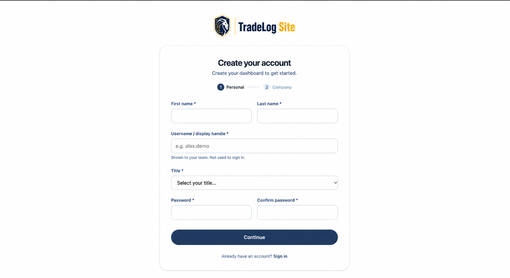TradeLog Site Create your account form, step one of two, with first name, last name, username, title and password fields.