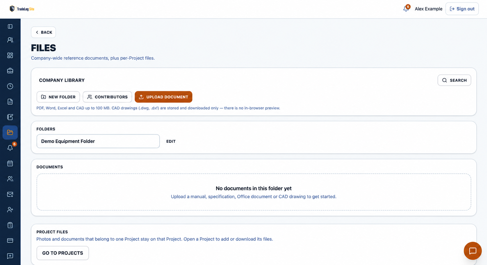 TradeLog Site Files page showing the company library with folders, an empty documents list and a link to Project files.
