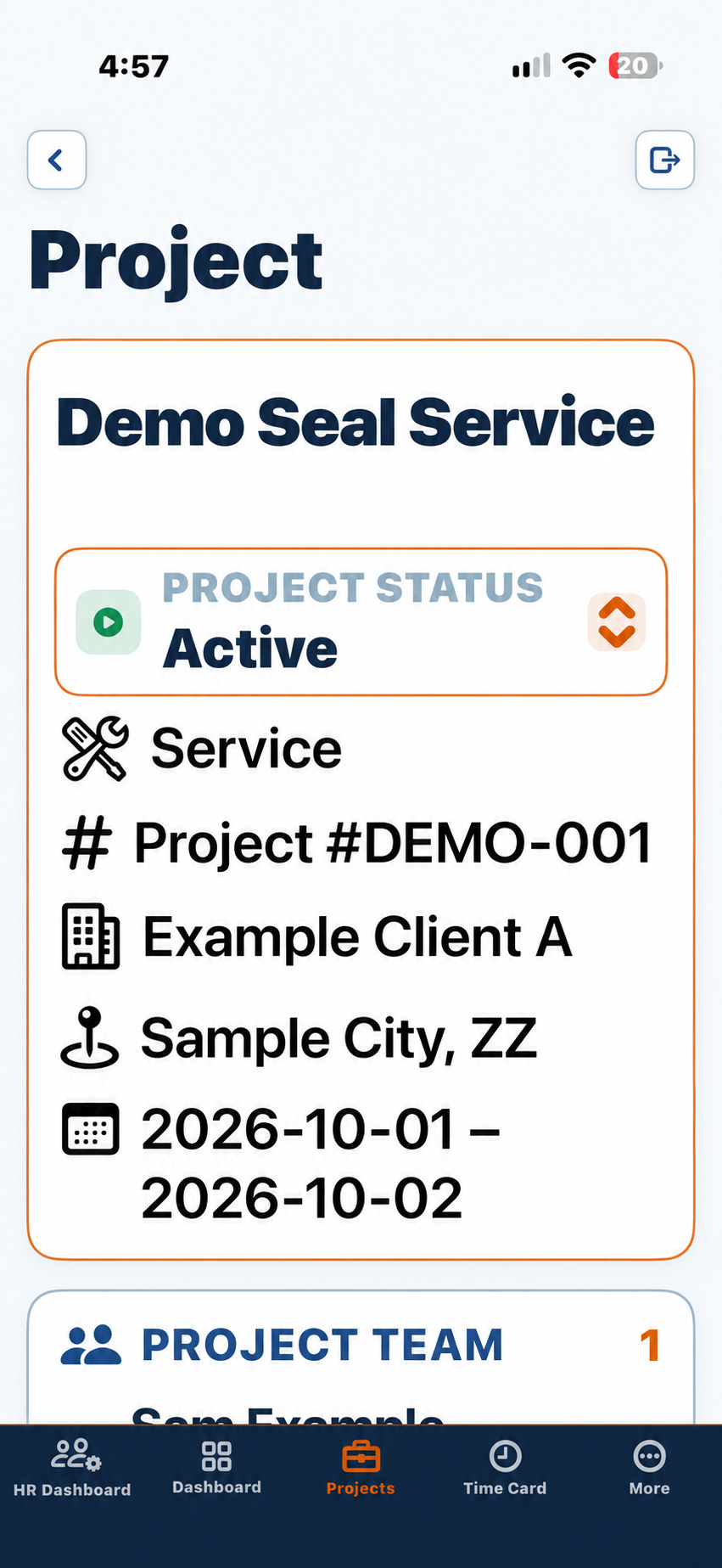 Phone Project screen for a sample Project with status, number, Client, location and dates stacked in cards.