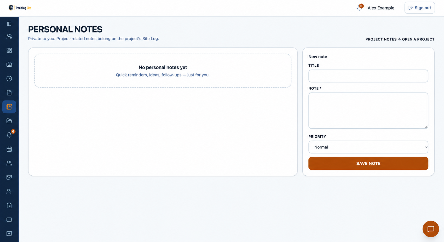 TradeLog Site Personal Notes page with an empty notes list and a new note form with title, note and priority.