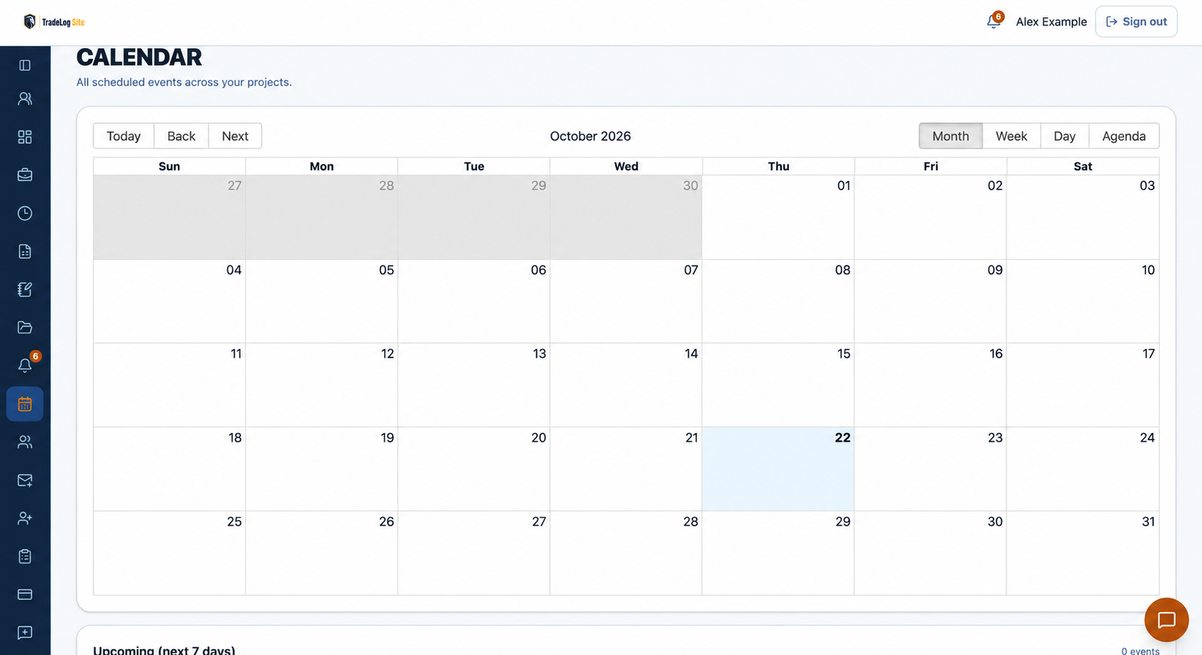 Desktop Calendar month view with Today, Back and Next controls and Month, Week, Day and Agenda views.