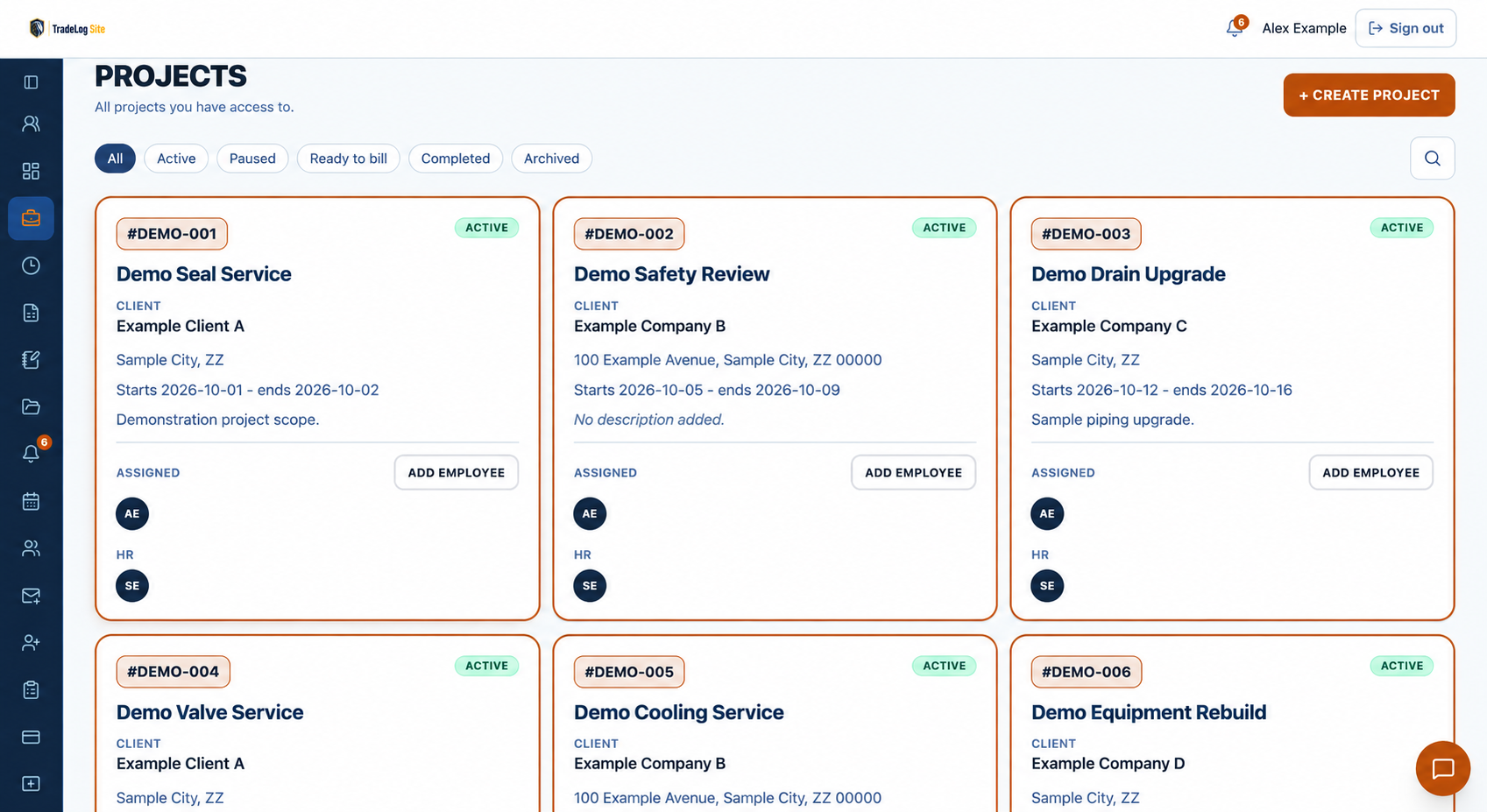 TradeLog Site Projects page showing searchable Project cards with status, client and schedule details.