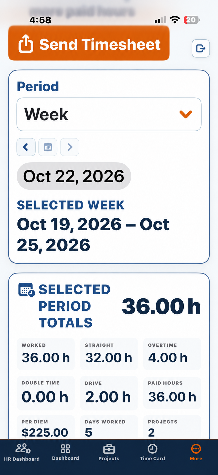 TradeLog Site My Timesheet on a phone with the Send Timesheet button, week period and selected period totals.