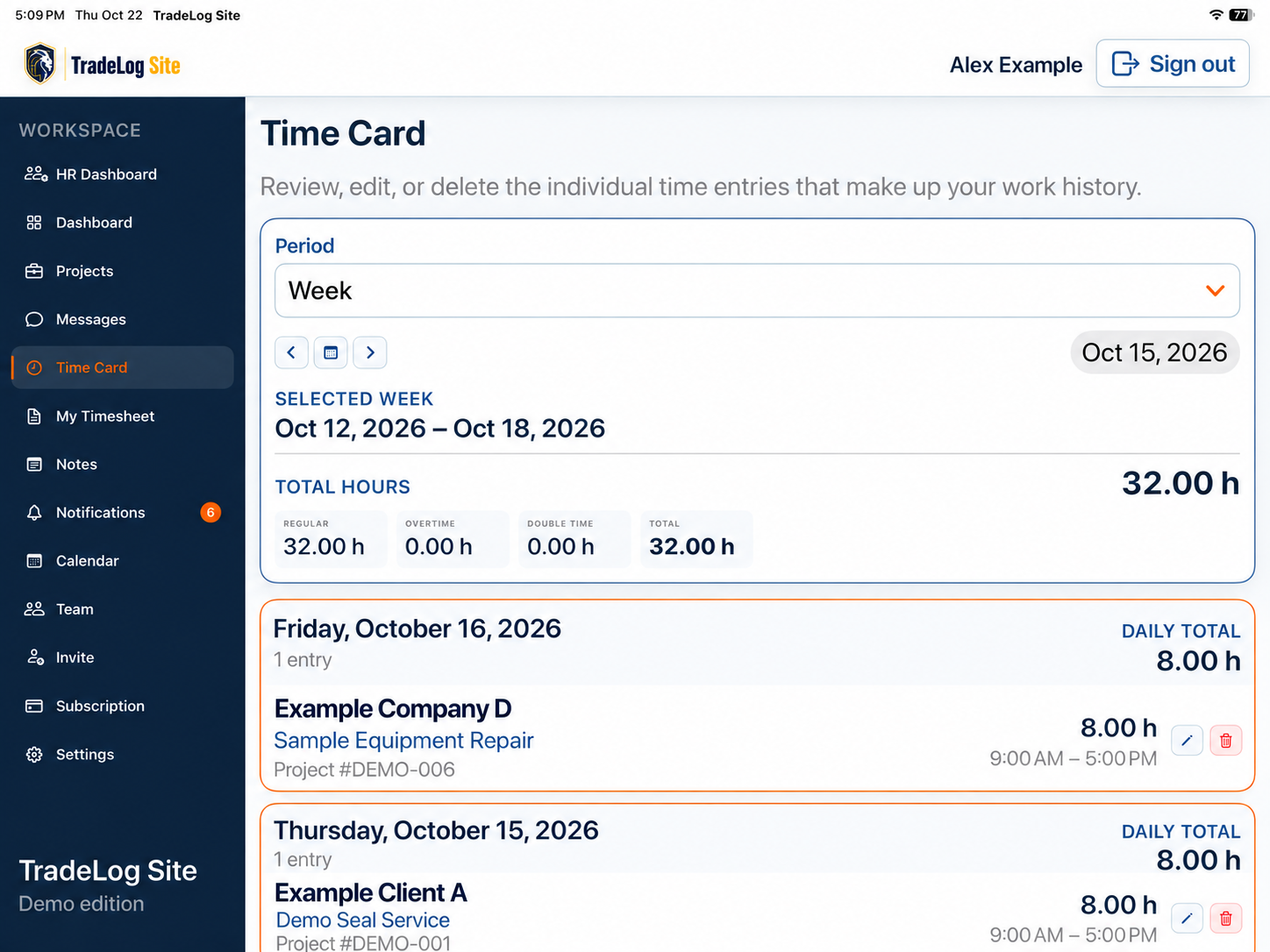 Tablet Time Card with a Week period, selected week, 32.00 total hours and daily entries showing Project, times and edit and delete controls.