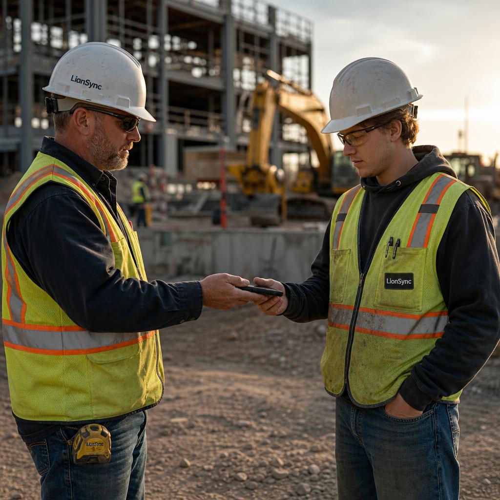 Construction supervisor handing his phone to a subcontractor at an industrial or commercial jobsite.